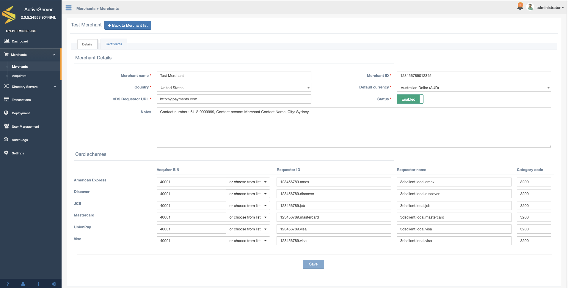 Manage merchants - ActiveServer Documentation