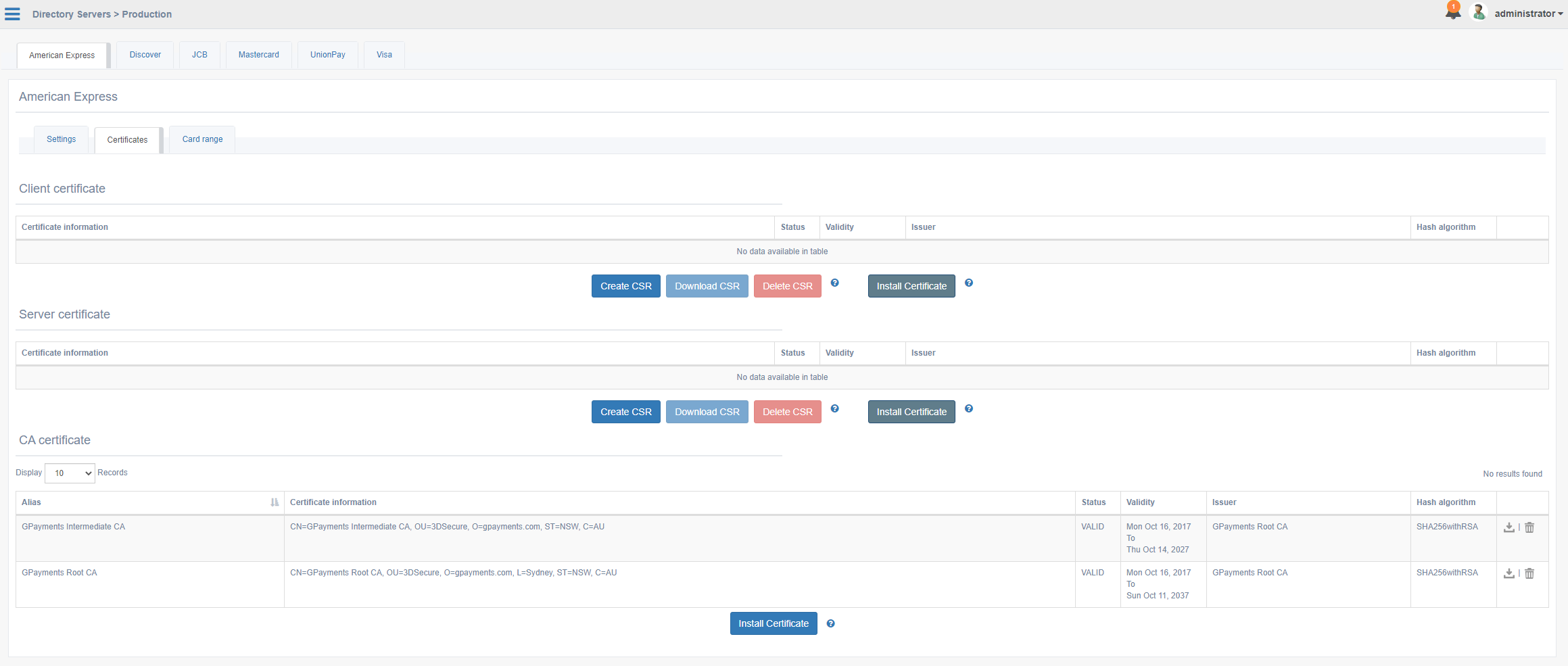 Directory Server - Certificates tab